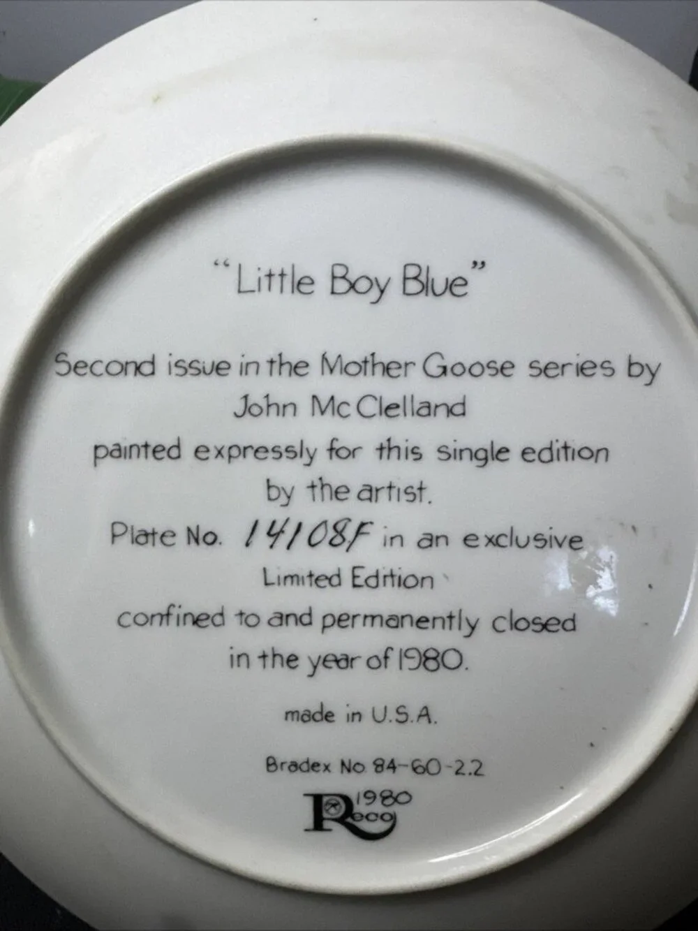 1980 RECO BRADEX LITTLE BOY BLUE 8.5” MOTHER GOOSE PLATE DECORATIVE J MCCLELLAND